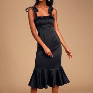 Lulu's Black Satin Tie-Strap Ruffled Midi Dress